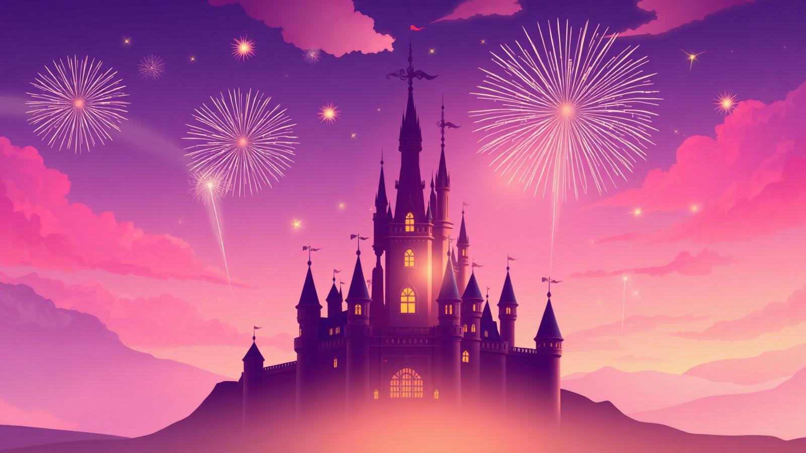 Fairy-tale castle at sunset with fireworks